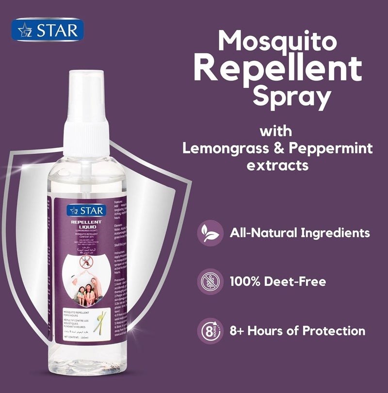 SZ Star Mosquito Repellent Spray, All Natural, Deet Free Insect Repellent Bug Spray with Lemongrass & Peppermint Extract, Anti Mosquito, Suitable for Kids, 100ml - Image 2